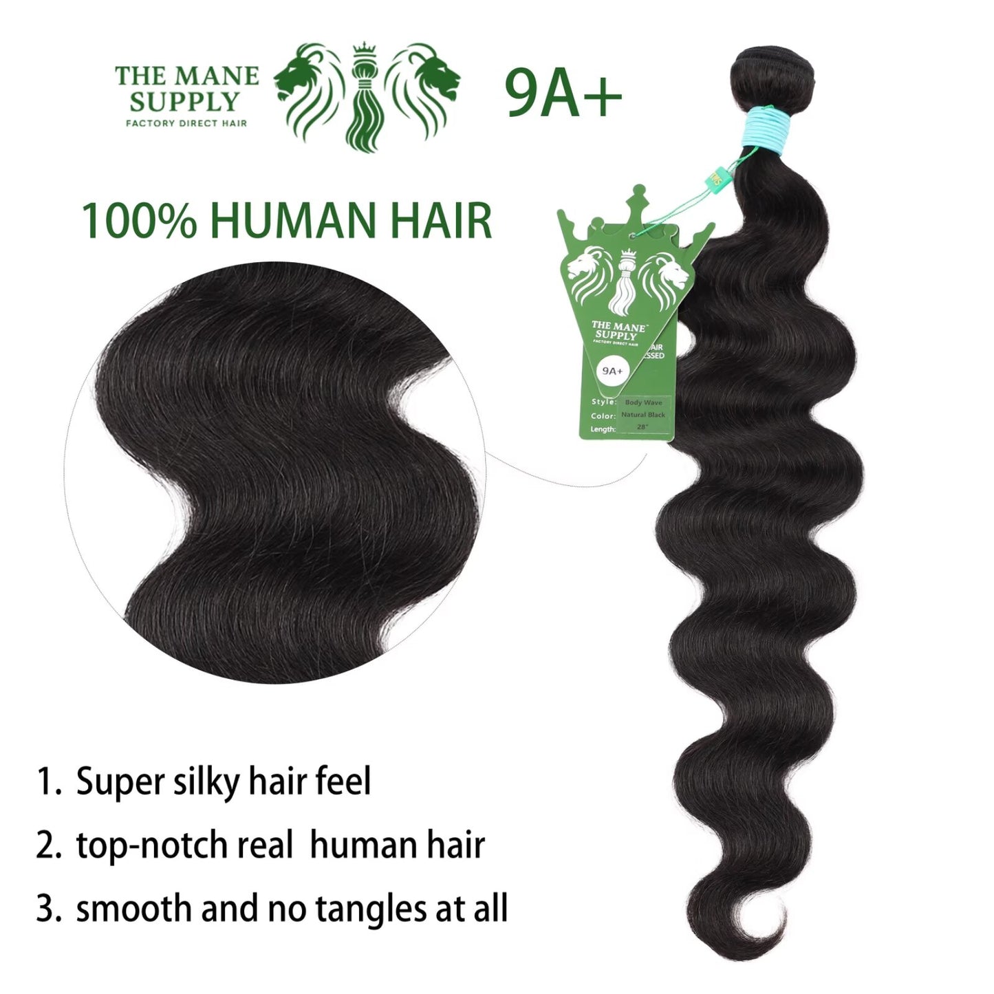 The Mane Supply Body Wave Bundles Human Hair 9A+ 100% Unprocessed Virgin Human Hair 1b#
