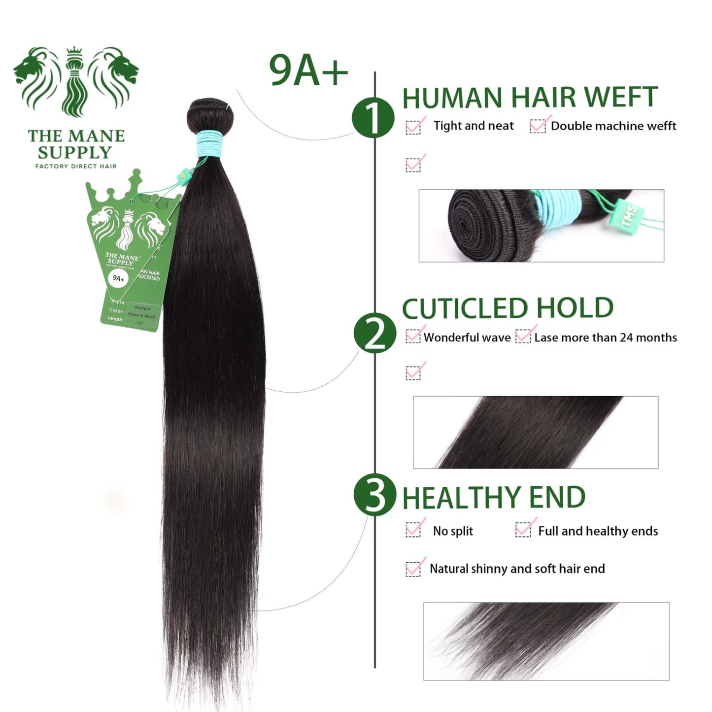The Mane Supply Straight Bundles Human Hair 9A+ 100% Unprocessed Virgin Human Hair 1b#