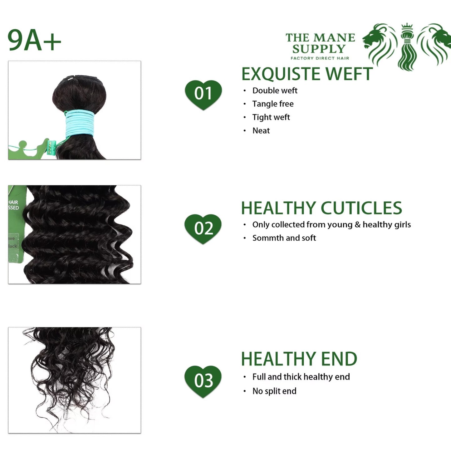The Mane Supply Deep Wave Bundles Human Hair 9A+ 100% Unprocessed Virgin Human Hair 1b#