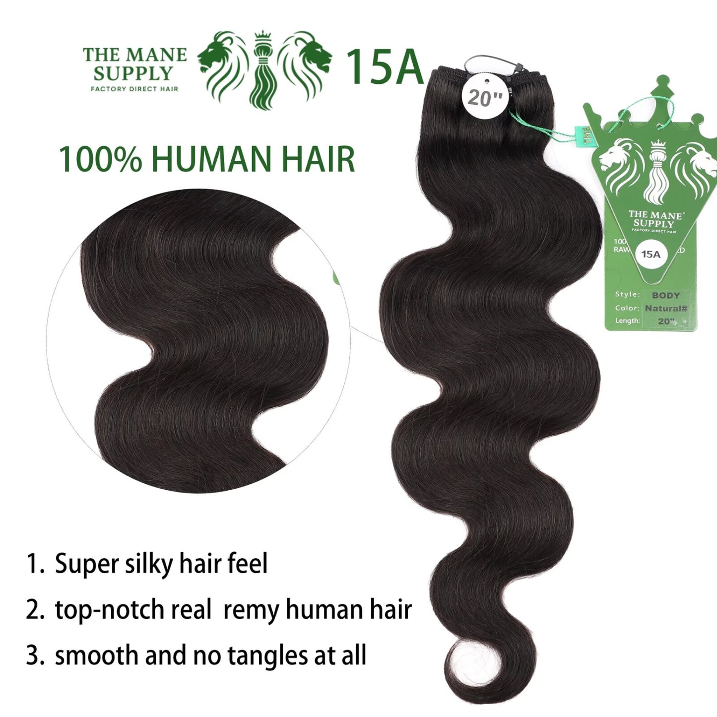 The Mane Supply Body Wave Bundles Human Hair 15A 100% Unprocessed Virgin Raw Remy Hair 1b#