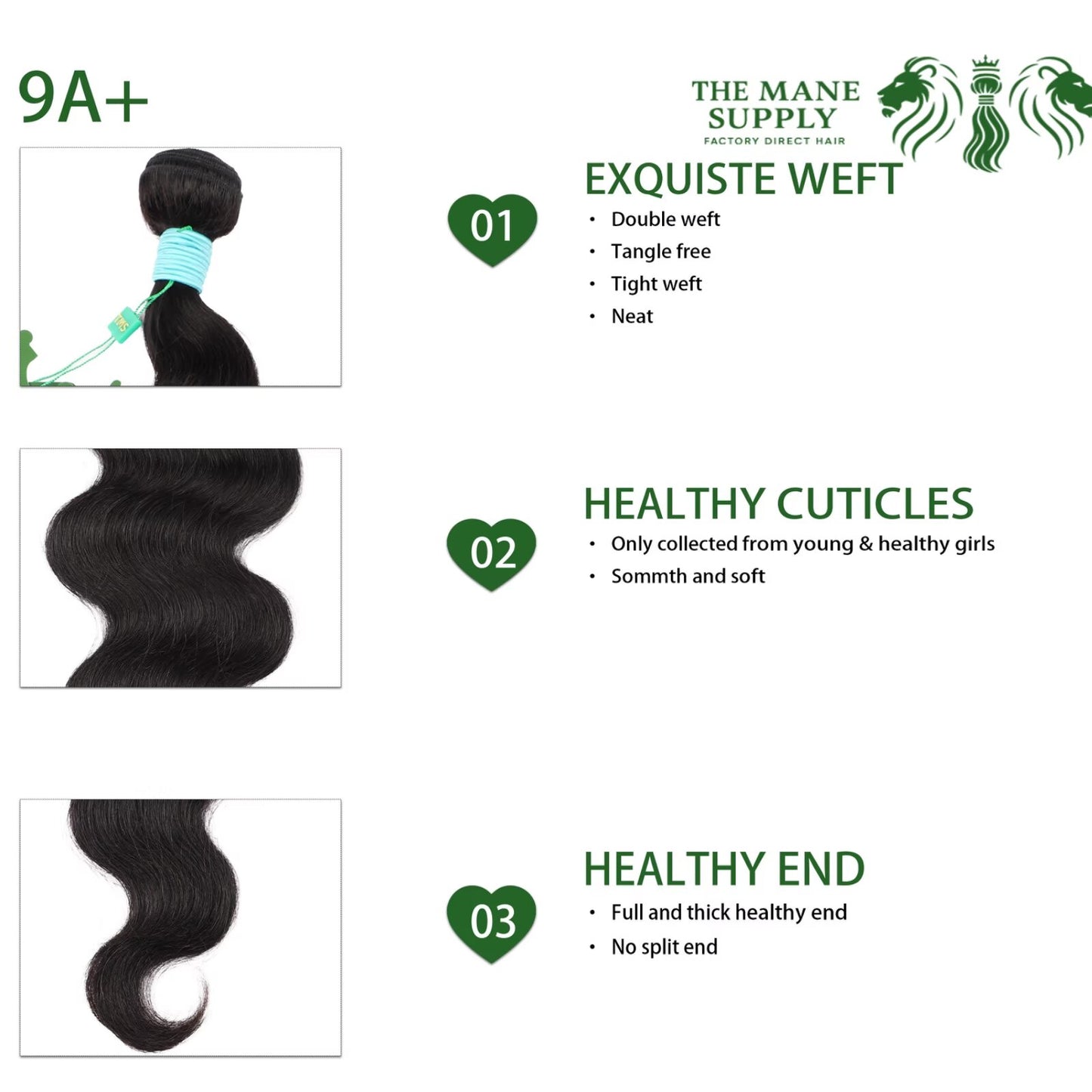The Mane Supply Body Wave Bundles Human Hair 9A+ 100% Unprocessed Virgin Human Hair 1b#