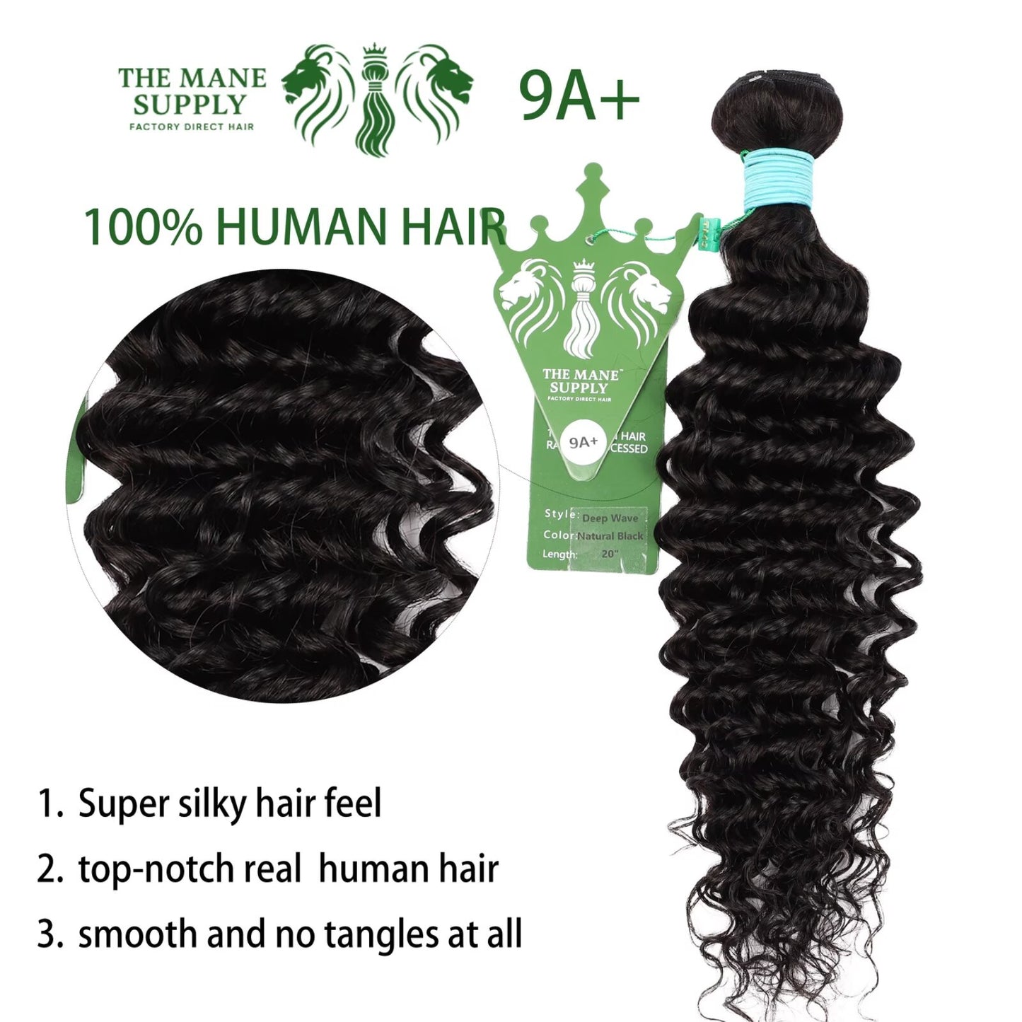 The Mane Supply Deep Wave Bundles Human Hair 9A+ 100% Unprocessed Virgin Human Hair 1b#