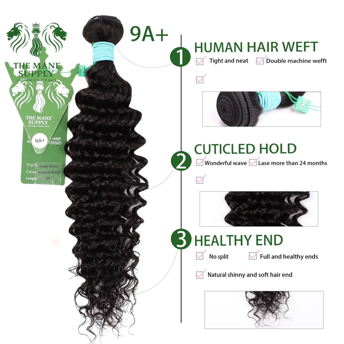 The Mane Supply Deep Wave Bundles Human Hair 9A+ 100% Unprocessed Virgin Human Hair 1b#