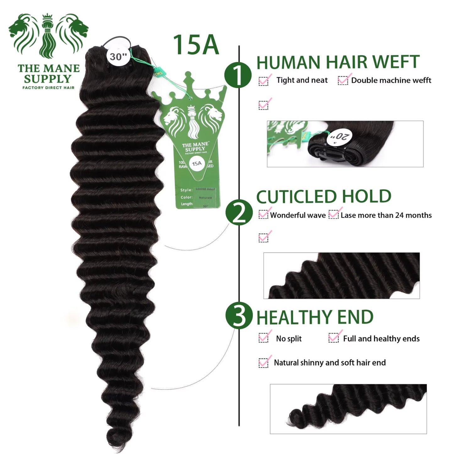 The Mane Supply Loose Deep Bundles Human Hair 15A 100% Unprocessed Virgin Raw Remy Hair 1b#