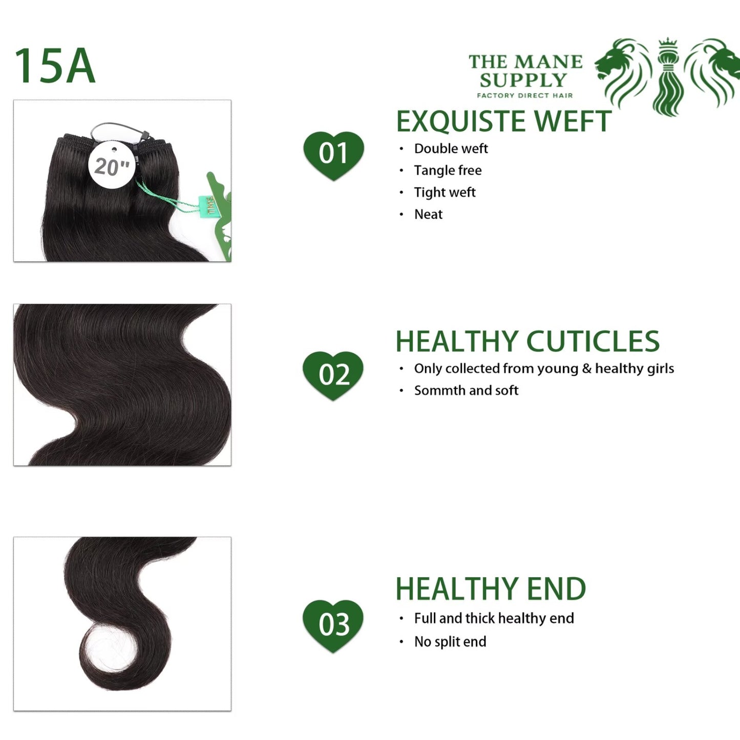 The Mane Supply Body Wave Bundles Human Hair 15A 100% Unprocessed Virgin Raw Remy Hair 1b#