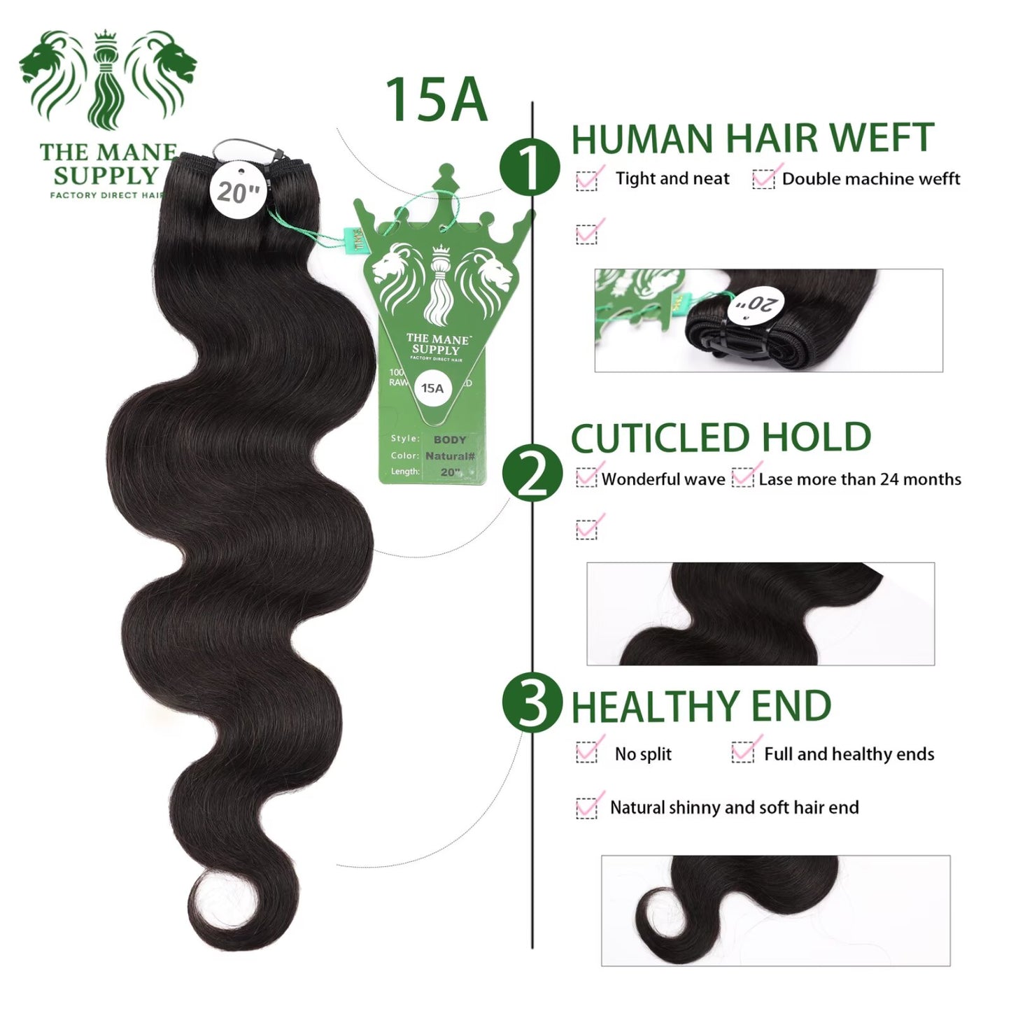The Mane Supply Body Wave Bundles Human Hair 15A 100% Unprocessed Virgin Raw Remy Hair 1b#