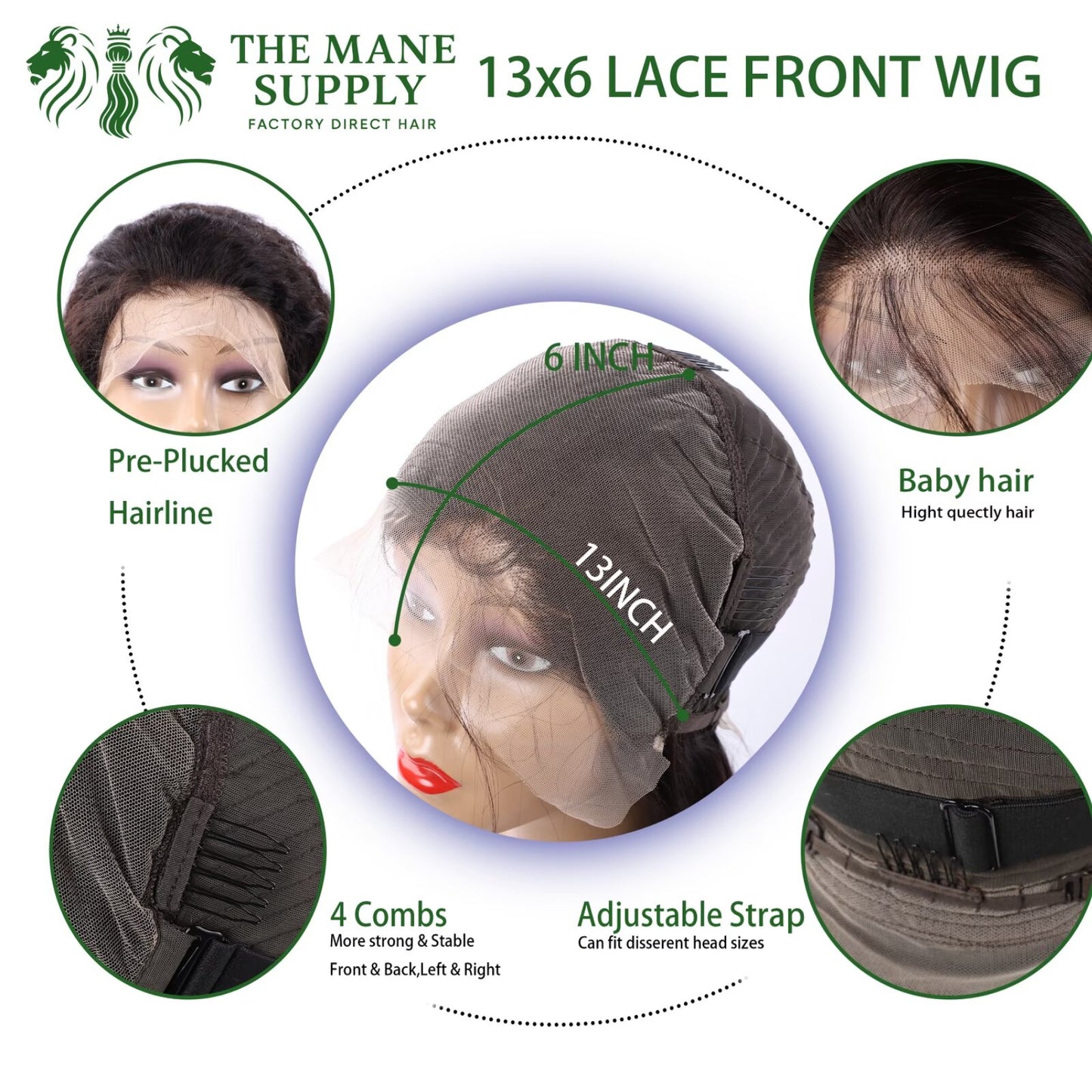 The Mane Supply 13x6 Straight Lace Front Wigs Human Hair Pre Plucked 180% Density Natural & Healthy Soft Comfortable