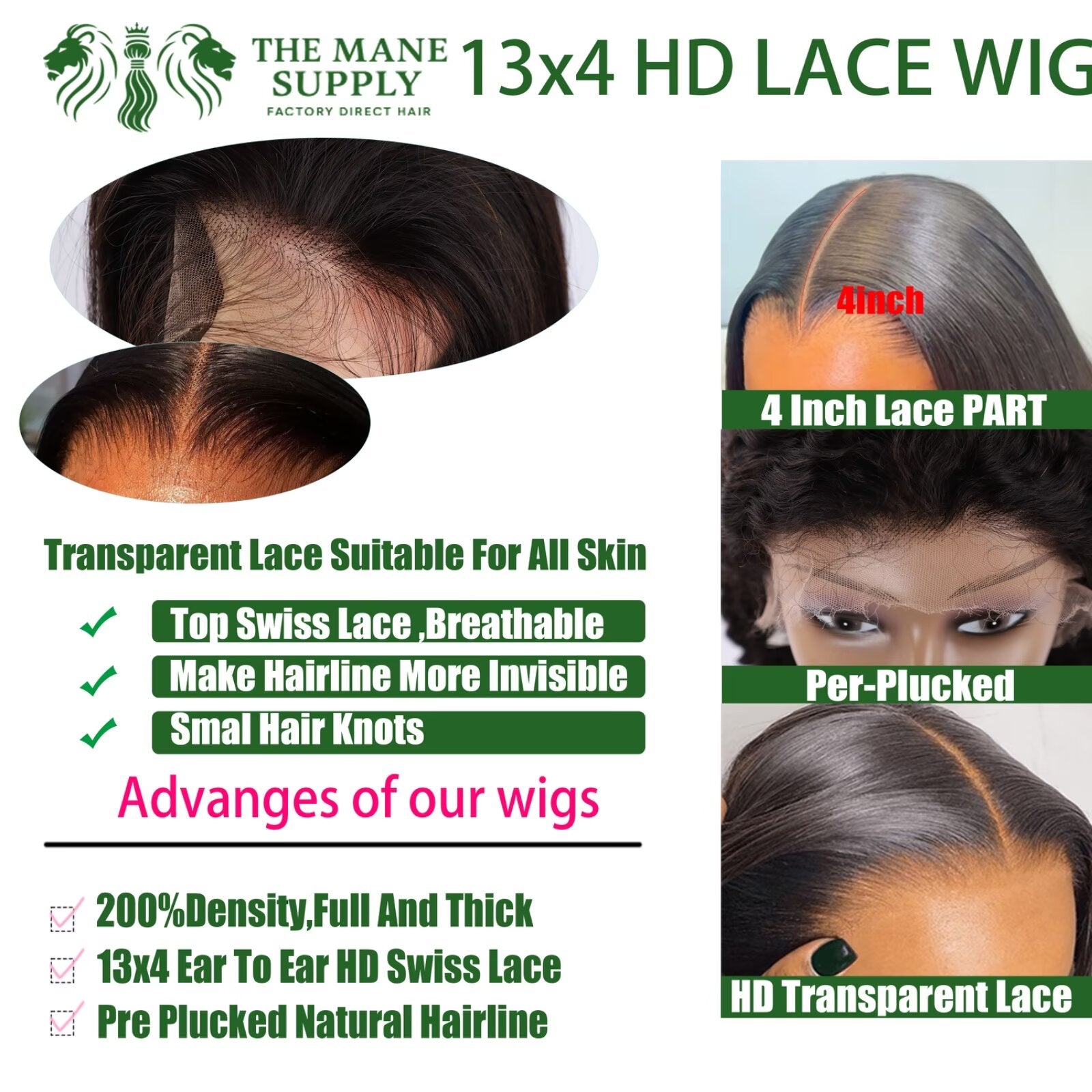 The Mane Supply 13x4 Straight HD Transparent Lace Front Wigs Human Hair Pre Plucked 200 Density Natural & Healthy Soft Comfortable