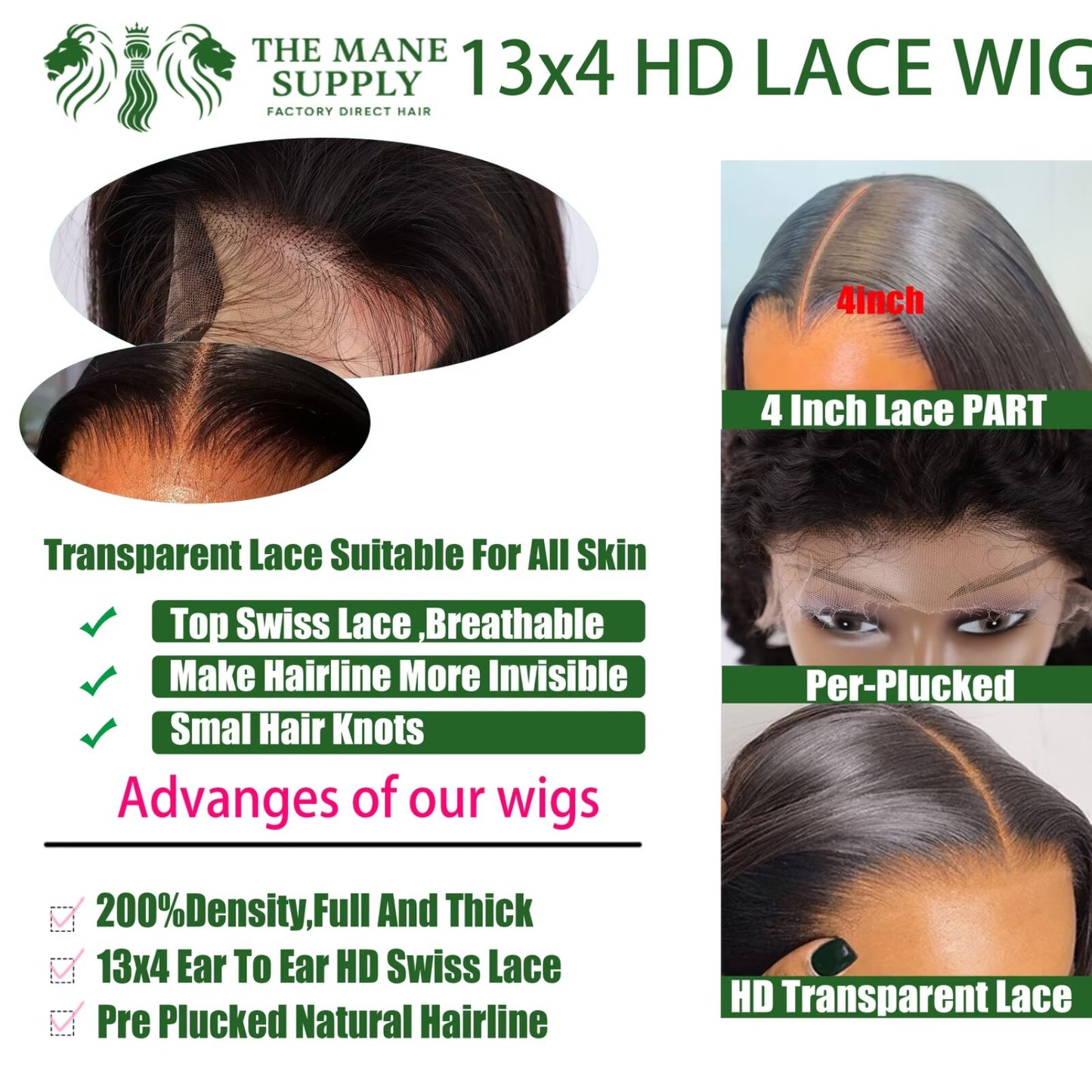 The Mane Supply 13x4 Straight HD Transparent Lace Front Wigs Human Hair Pre Plucked 200 Density Natural & Healthy Soft Comfortable