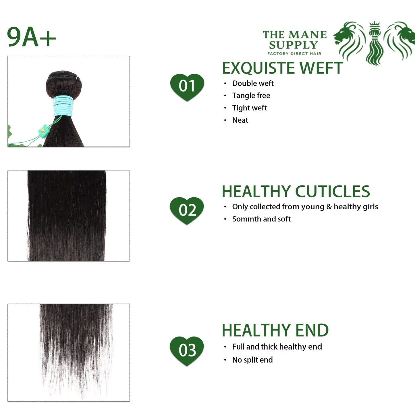 The Mane Supply Straight Bundles Human Hair 9A+ 100% Unprocessed Virgin Human Hair 1b#