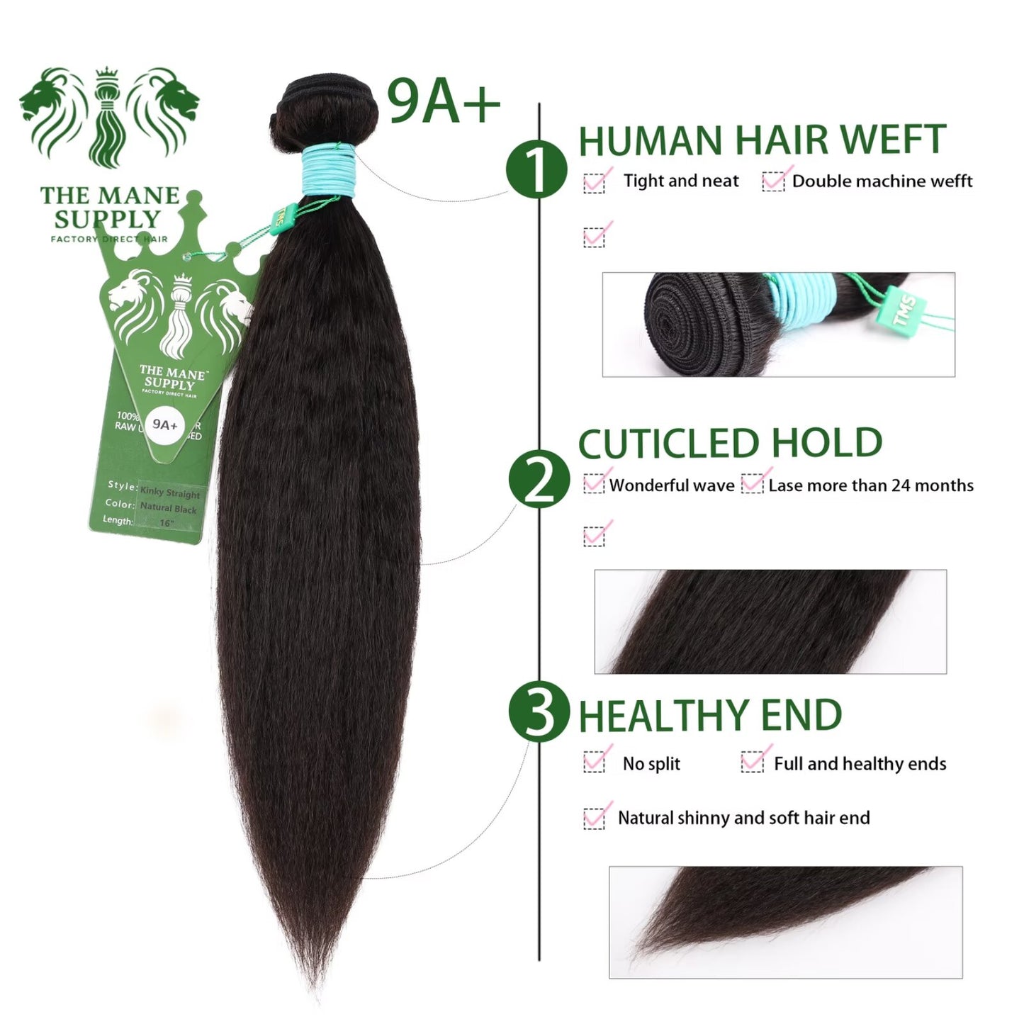 The Mane Supply Kinky Straight Bundles Human Hair 9A+ 100% Unprocessed Virgin Human Hair 1b#