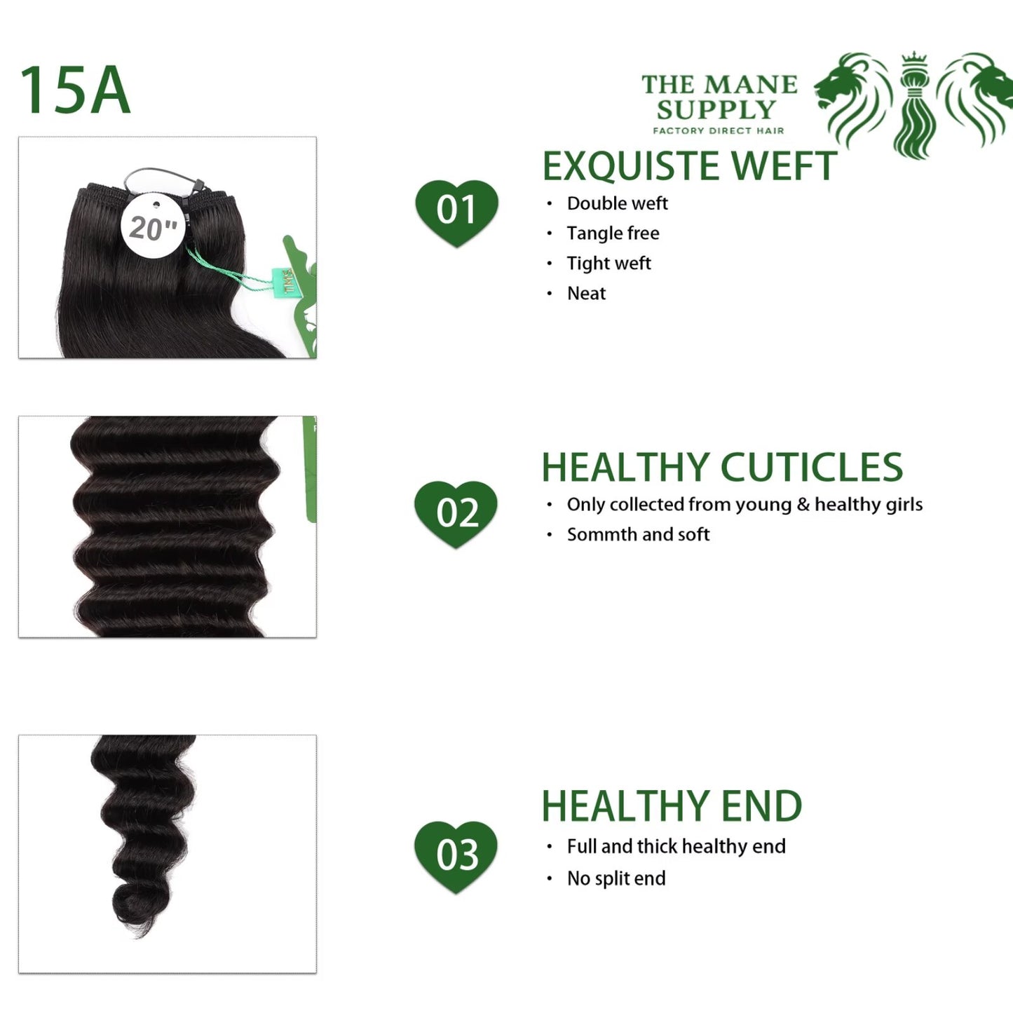 The Mane Supply Loose Deep Bundles Human Hair 15A 100% Unprocessed Virgin Raw Remy Hair 1b#