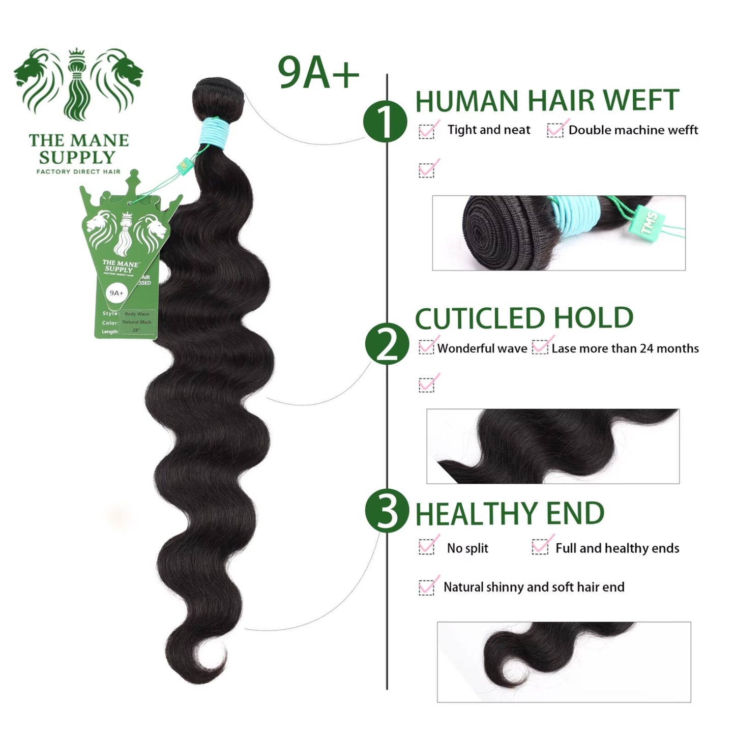 The Mane Supply Body Wave Bundles Human Hair 9A+ 100% Unprocessed Virgin Human Hair 1b#