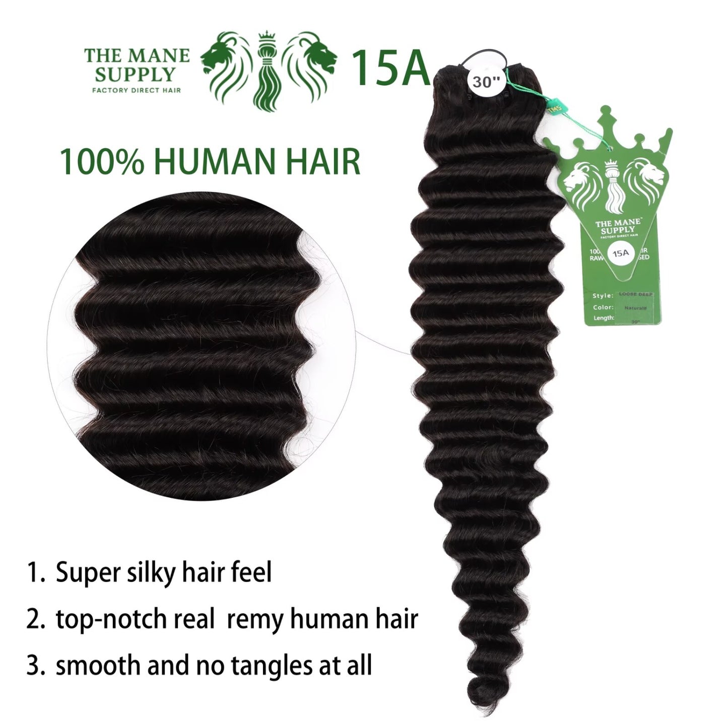 The Mane Supply Loose Deep Bundles Human Hair 15A 100% Unprocessed Virgin Raw Remy Hair 1b#